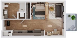 Modern open-concept floor plan featuring a cozy living area, stylish kitchen, and a serene balcony with greenery.