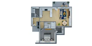 Modern 2D floor plan showcasing a single-bedroom apartment with a spacious open-concept living and dining area, sleek kitchen, and cozy balcony.