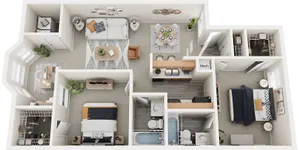 3D floor plan showcasing two spacious bedrooms, a cozy living room, stylish dining area.