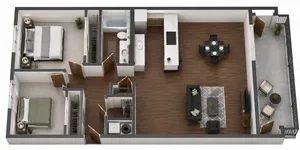 Elegant 3D floor plan showcasing a modern 2-bedroom apartment with an open-plan living and dining area, sleek kitchen, luxury bathroom, and private balcony.