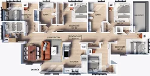 Six bedroom, two bathroom apartment floor plan