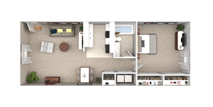 Modern 2D floor plan featuring a stylish living area, cozy bedroom, functional kitchen, and elegant dining space.