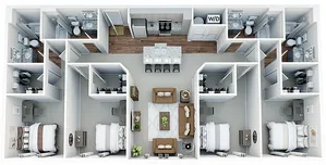 Elegant 3D floor plan featuring 3 bedrooms, 3 bathrooms, a modern open kitchen, and a cozy living area with stylish furnishings.