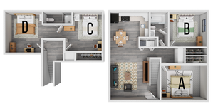 Modern two-story apartment floor plan featuring four bedrooms, open-concept living and dining area, and a well-equipped kitchen for comfortable living.