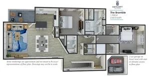 Charming 3D floor plan of \'The Bramble\' featuring 2 bedrooms, 2 bathrooms, spacious living area, modern kitchen, and cozy patio; includes a 2-car garage. Total area of 1,928 sq ft.