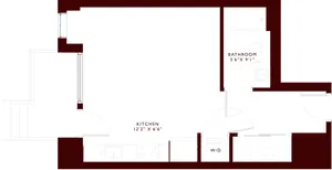 Detailed floor plan showing a compact kitchen and bathroom layout, highlighting efficient space use.
