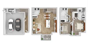 Elegant 3D floor plan showcasing a basement with a two-car garage, an open-concept main floor with kitchen and living area, and upper level featuring two spacious bedrooms.