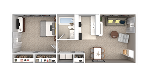 Chic 2D floor plan of a cozy apartment featuring one bedroom, an open living room, modern kitchen, and stylish bathroom.