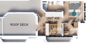 Unit 409 floor plan featuring a 130 SF bedroom, stylish living area, and access to a spacious roof deck.