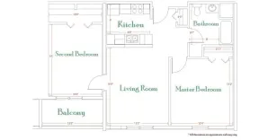Two bedroom-one bathroom-one balcony floor plan layout at Wallkill Living Center
