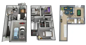 Modern 3D floor plan showcasing a three-level design with attached garage, multiple bedrooms, a rec room with pool table, and spacious living areas.