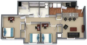 Modern 2D floor plan showcasing 2 bedrooms, open living space with a cozy seating area, and a stylish kitchen with an island. Ideal for comfortable living.