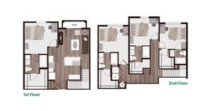 Contemporary two-level floor plan showcasing 3 bedrooms, open living area with patio, and modern kitchen. Ideal for comfortable urban living.