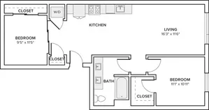 909 square foot one bed one bath with den floor plan in Seattle, WA
