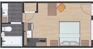 Contemporary 2D floor plan with a cozy bedroom, spacious bath, and functional kitchen area, perfect for modern living.