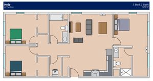 Modern floor plan for \'Kyle at The Don\' showcasing 3 bedrooms, open living area, and 2 bathrooms in a spacious 1,272 square feet layout.