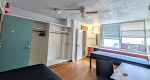 Cozy studio apartment with hardwood flooring, open closet space, large window with blinds, and a well-lit vanity area.