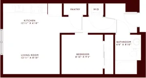 Modern apartment floor plan with kitchen, living room, bedroom, bathroom, pantry, and washer/dryer area.