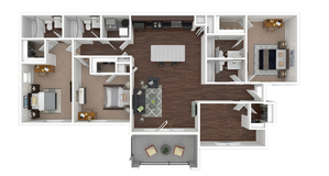 Modern 3D floor plan featuring three spacious bedrooms, elegant open-concept living and dining area, sleek kitchen, and two luxurious bathrooms.