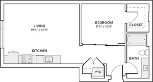 694-701 square foot one bed one bath floor plan in Seattle, WA