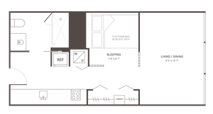 Cozy studio apartment floor plan showcasing efficient layout with sleeping area, compact kitchen, and living/dining space.