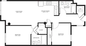 931 square foot two bedroom two bath apartment floorplan image
