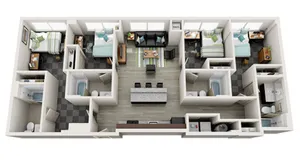 Modern 3D floor plan showcasing 3 bedrooms, open living area, and sleek kitchen with ample island seating.
