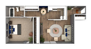 Stylish 2D floor plan with 1 bedroom, spacious living room, dining area, and modern kitchen.