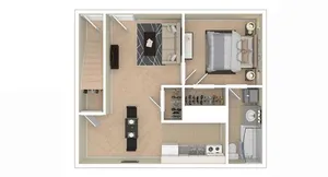 Elegant floor plan showcasing a cozy 1-bedroom apartment with an open living-dining area, modern kitchen, and spacious bathroom.