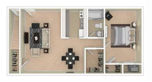 Modern 2D floor plan showcasing a cozy bedroom, stylish living area, and well-equipped kitchen with adjacent dining space.