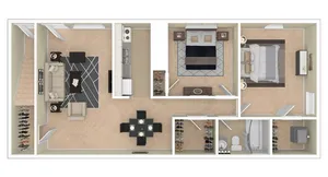 Elegant 3D floor plan showcasing modern 2-bedroom apartment with open-concept living and dining area, stylish kitchen, and luxurious bathroom.