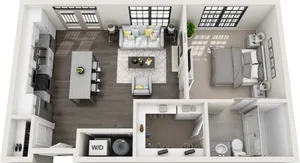 Chic 1-bedroom apartment floor plan with open-concept living and dining area, modern kitchen, spacious walk-in closet, and sleek bathroom.
