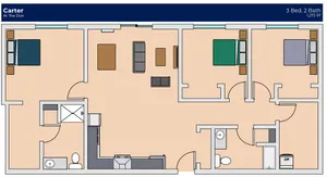 Carter floor plan at The Don featuring 3 bedrooms, 2 baths, a cozy living room, and a modern kitchen, spanning 1,272 square feet.