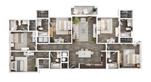 Elegant 2D floor plan showcasing a spacious layout with three bedrooms, modern kitchen, and an inviting open-concept living space featuring a large dining area, multiple bathrooms, and cozy outdoor balcony seating.