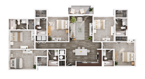 Elegant 5-bedroom apartment floor plan featuring a spacious open-concept living area, modern kitchen, and multiple bathrooms, perfect for family living.