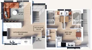 Modern split-level floor plan featuring a cozy living area, functional kitchen/dining space, and a two-bedroom layout with twin XL beds. Ideal for maximizing comfort and style.