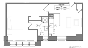 Modern 1-bedroom floor plan featuring an open kitchen, spacious living area, and a well-appointed bathroom on the fourth floor.