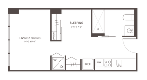Modern studio floor plan featuring a combined living and dining area, sleeping space, and efficient kitchen layout.