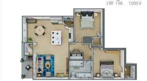 Modern 2D floor plan showcasing 2 bedrooms and an inviting open-concept living area, complete with a stylish kitchen and dining space in 1,089 square feet.