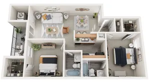 Floor plan showcasing 2 bedrooms, spacious living room, open kitchen, and private patio or balcony.