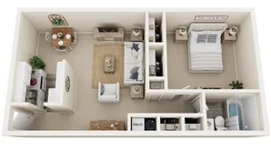 Charming one bedroom apartment with spacious living room, cozy bedroom, galley kitchen, and dining area.