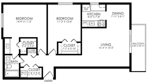 Modern floor plan showcasing two spacious bedrooms, a stylish kitchen, and open-concept living and dining areas leading to an inviting balcony.