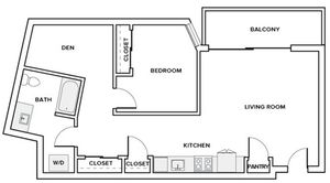 895 to 911 square foot one bedroom one bath with den apartment floor plan image in Redmond, WA