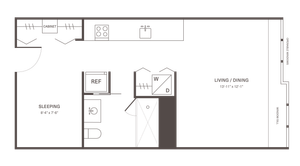 Modern studio apartment floor plan featuring a spacious living/dining area, cozy sleeping zone, well-equipped kitchen, and convenient washer/dryer. Ideal for efficient living.