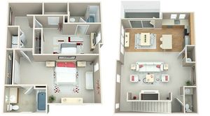 3D dual-level floor plan with three bedrooms, open living space, and a modern kitchen.