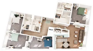 Rendering of a four bedroom floor plan at our student apartments near the University of Maryland, featuring 3D furniture.