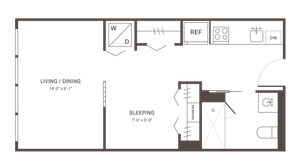 Modern studio apartment floor plan showcasing open living and dining area, compact sleeping alcove, and efficient kitchen with built-in washer and dryer.