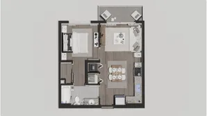 Elegant 2D floor plan showcasing a spacious 1-bedroom apartment with an open living area, dining space, and a modern kitchen. Features a luxurious bathroom and a cozy balcony, ideal for urban living.