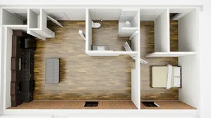 Modern open-concept floor plan featuring a spacious kitchen, cozy one-bedroom, and elegant bathroom layout.
