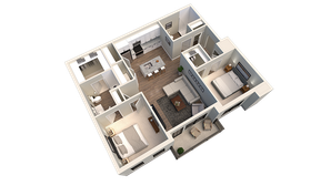 Modern 3D floor plan showcasing two cozy bedrooms, an open living area with sleek kitchen, and a stylish balcony.